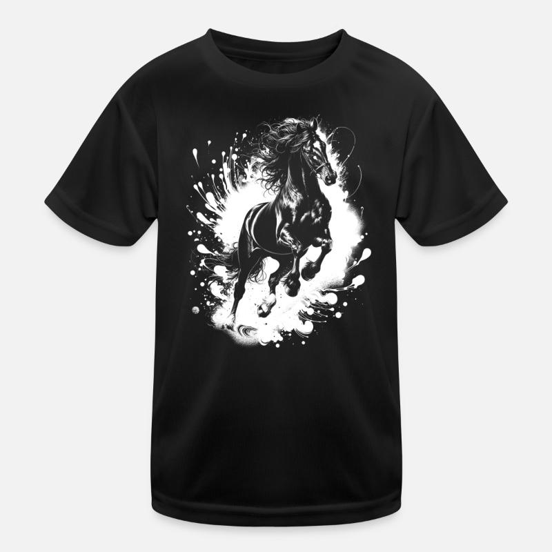 Schwarzes Pferd im Sprung mit Farbklecksen Kinder Funktions-T-Shirt