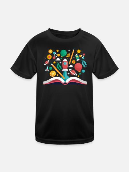 Open Book with School Objects, Learning and Educat - Kids Functional T-Shirt - black - Front