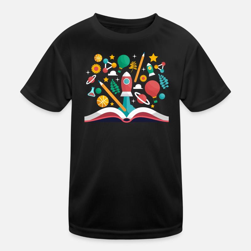 Offenes Buch mit Schulobjekten, Lernen und Pädagogik - Kinder Funktions-T-Shirt - Schwarz