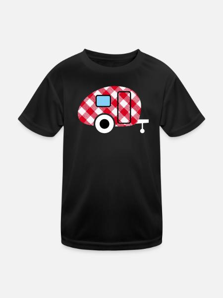 Caravan Wohnwagen kariert Karo Muster Camping Fan - Kinder Funktions-T-Shirt - Schwarz - Vorne