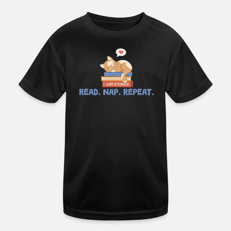 Cat on Books with Saying Read. Nap. Repeat. Kids Functional T-Shirt