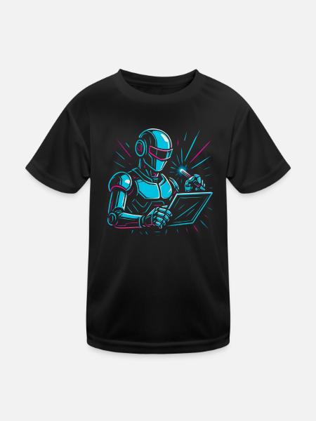 Roboter mit Laptop & Stift - Kinder Funktions-T-Shirt - Schwarz - Vorne