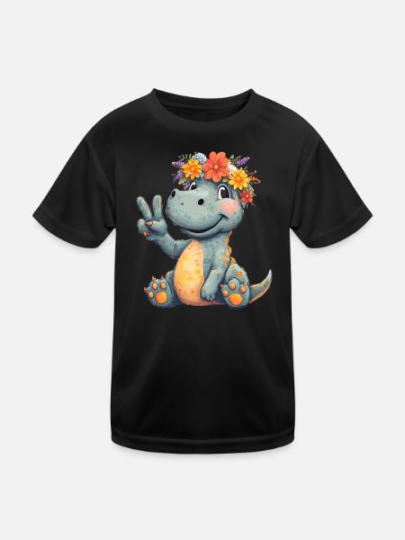 Fröhliches Dinosaurier mit Blumenkranz - Kinder Funktions-T-Shirt - Schwarz - Vorne