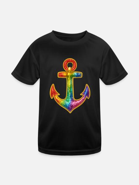 Leuchtender Anker in Regenbogenfarben - Kinder Funktions-T-Shirt - Schwarz