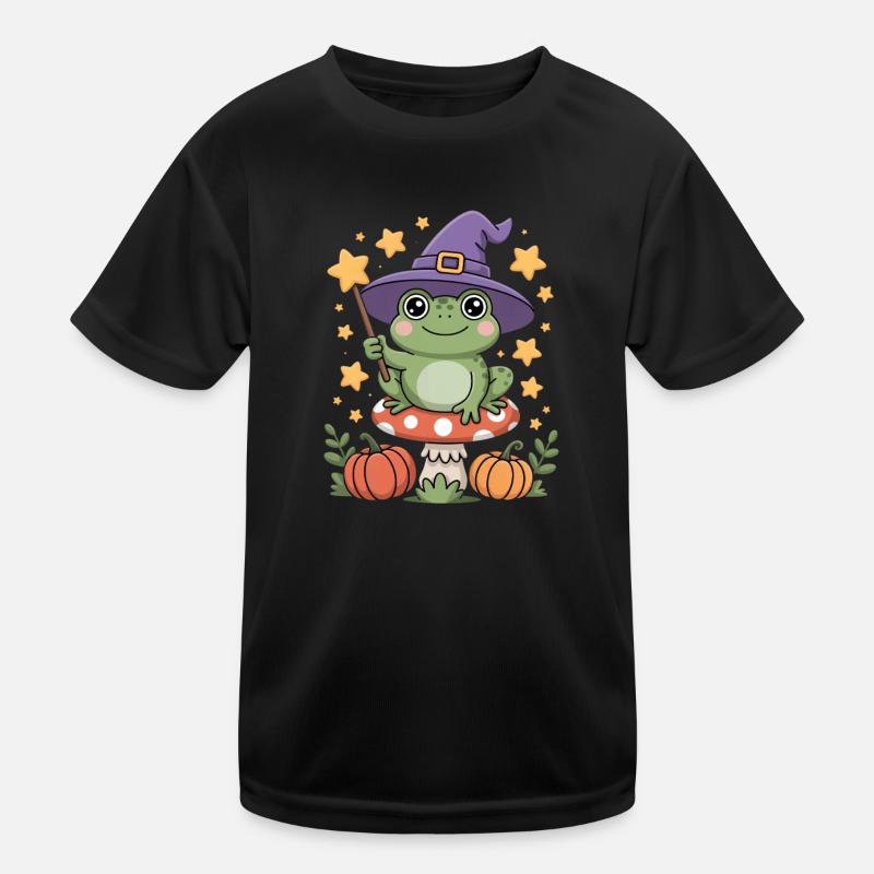Cute witch frog on toadstool with magic wand Kids Functional T-Shirt
