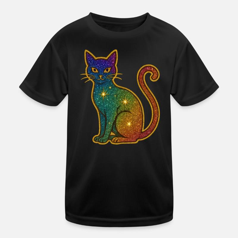 Regenbogen Glitzer Katze zu Halloween - Kinder Funktions-T-Shirt - Schwarz