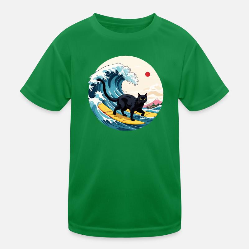 Black Cat Surfing Wave Kids Functional T-Shirt