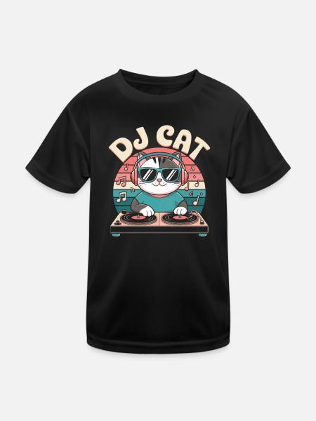 Lustige DJ Katze - Kinder Funktions-T-Shirt - Schwarz