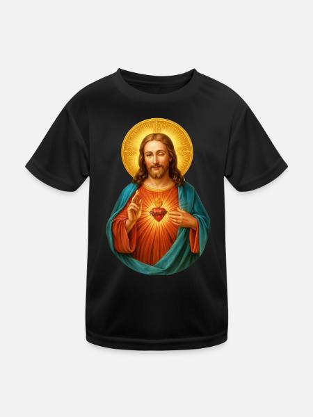 Zwinkernder Jesus Herz Jesu Strahlendes Heilsbild - Kinder Funktions-T-Shirt - Schwarz - Vorne