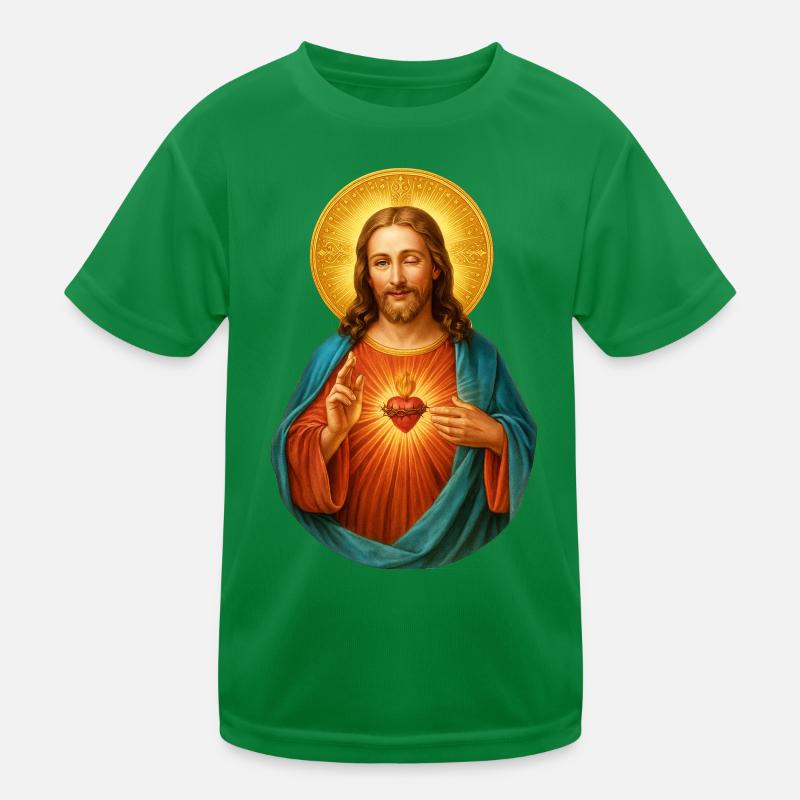 Zwinkernder Jesus Herz Jesu Strahlendes Heilsbild Kinder Funktions-T-Shirt
