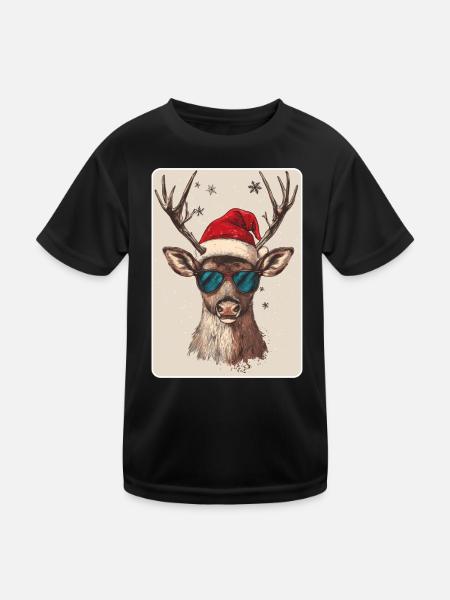 Rentier Hirsch Geweih Reindeer Vintage Weihnachten - Kinder Funktions-T-Shirt - Schwarz - Vorne