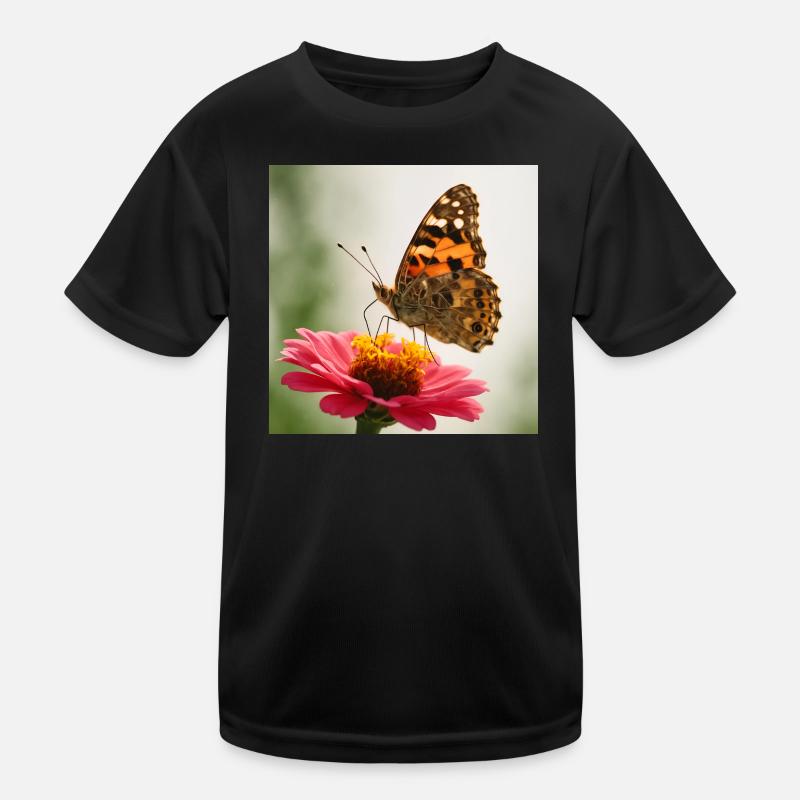 Schmetterling auf einer rosa Blume - Kinder Funktions-T-Shirt - Schwarz