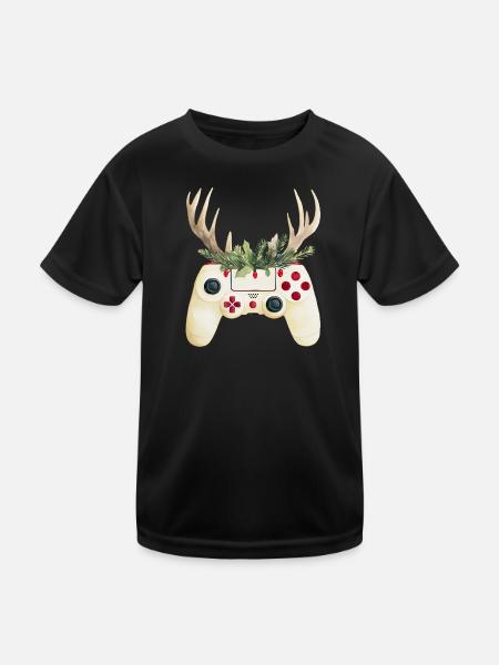 Weihnachtscontroller mit Hirschgeweih - Kinder Funktions-T-Shirt - Schwarz - Vorne