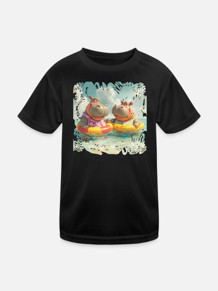 South Sea Hippos in Swimming Rings - Kids Functional T-Shirt - black - Front