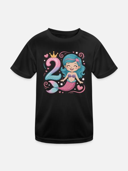 Meerjungfrau 2. Geburtstag 2 Jahre - Kinder Funktions-T-Shirt - Schwarz - Vorne