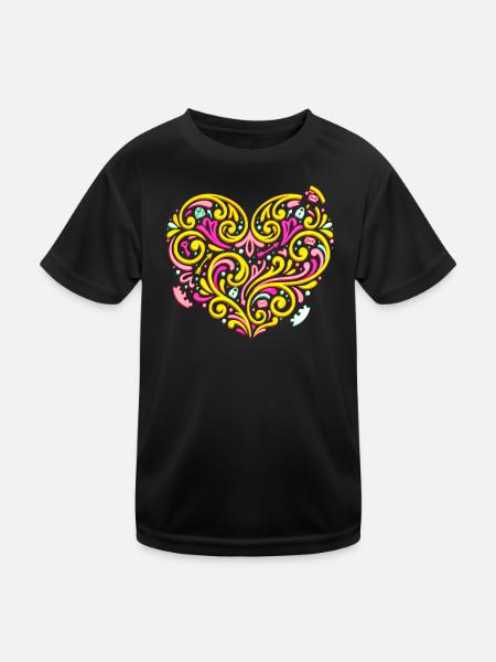 Verschnörkeltes Herz voller Liebe & Romantik - Kinder Funktions-T-Shirt - Schwarz - Vorne