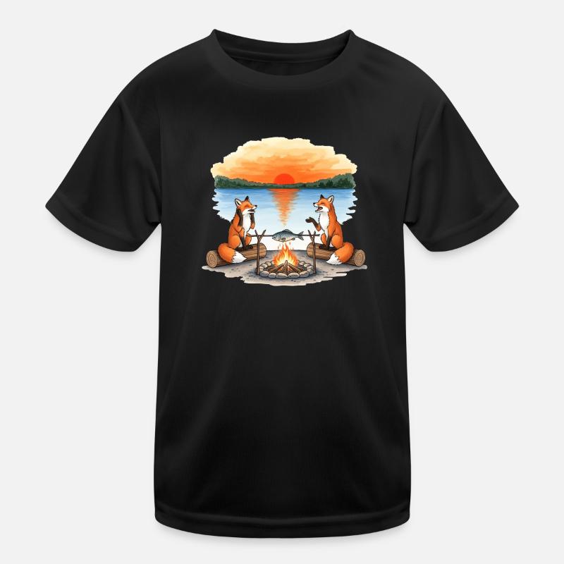 Fox Campfire at Sunset by Lake - Kids Functional T-Shirt - black