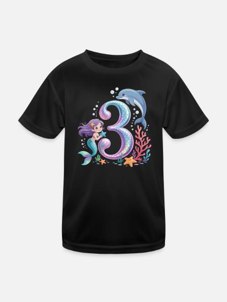 Meerjungfrau 3. Geburtstag 3 Jahre - Kinder Funktions-T-Shirt - Schwarz - Vorne