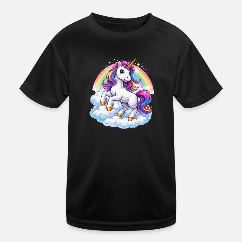 Regenbogen-Einhorn über Wolken Kinder Funktions-T-Shirt