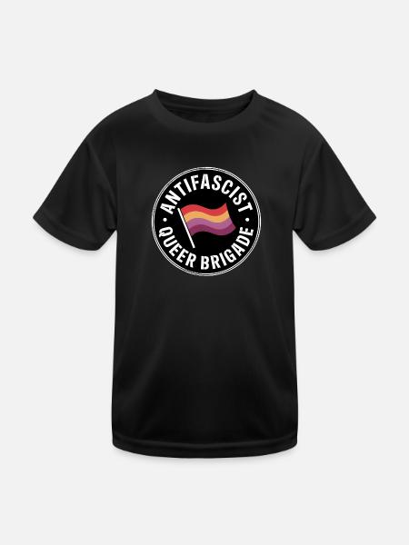 Antifaschistische Queer-Brigade – Antifa-Pride-Merch - Kinder Funktions-T-Shirt - Schwarz - Vorne
