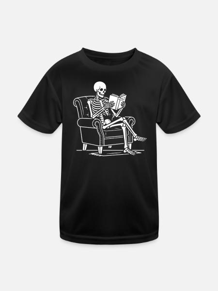 Skelettlesen im Sessel - Kinder Funktions-T-Shirt - Schwarz - Vorne