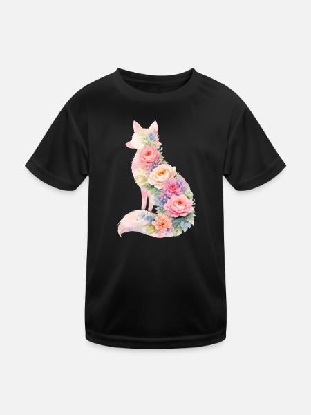 Fuchs Pastell Blumen Silhouette - Kinder Funktions-T-Shirt - Schwarz - Vorne