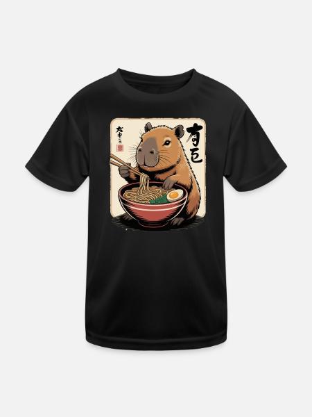 Capybara Ramen Art with Chopsticks - Kids Functional T-Shirt - black - Front