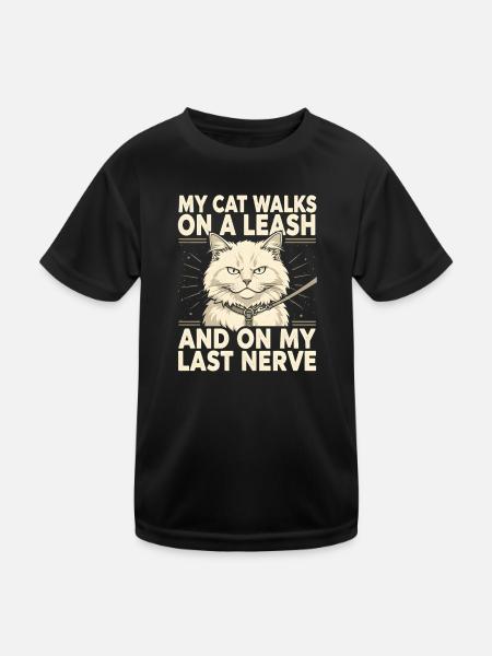 Katze an Leine nervt | Katzenhumor - Kinder Funktions-T-Shirt - Schwarz - Vorne