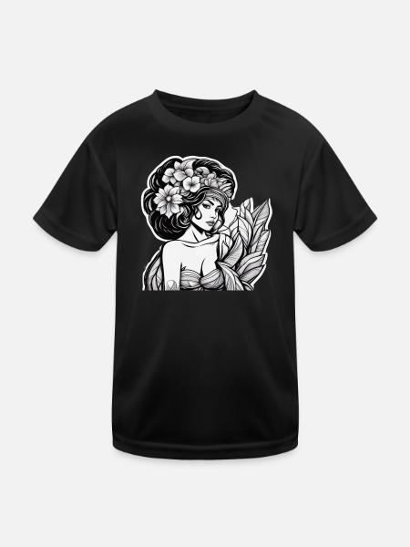 Floral Woman in Black and White - Kids Functional T-Shirt - black - Front