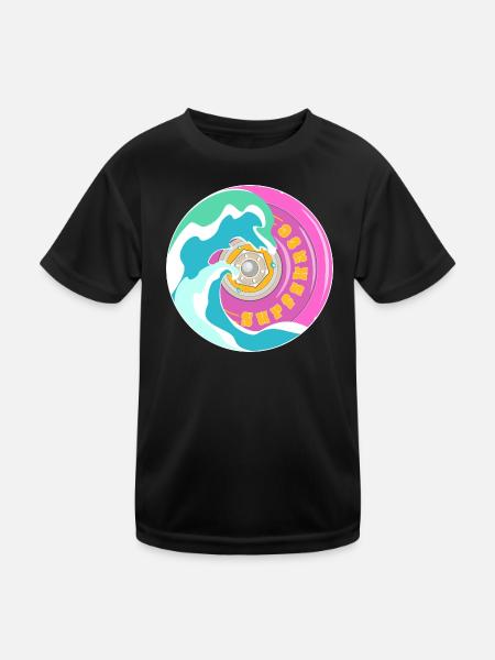 Surfskate motif in pink yellow with waves - Kids Functional T-Shirt - black