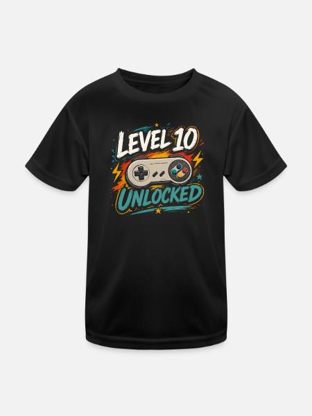 Level 10 freigeschaltetes 10-Jahres-Jubiläums-D-Geschenk - Kinder Funktions-T-Shirt - Schwarz - Vorne