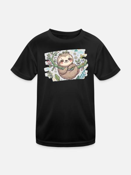 Niedliches Faultier auf Ast mit Blumen - Kinder Funktions-T-Shirt - Schwarz - Vorne