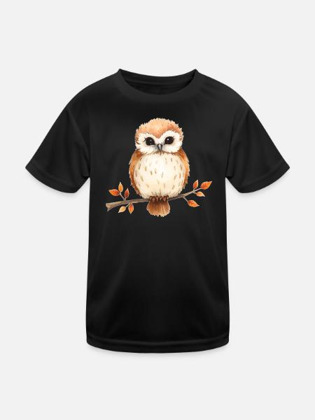Aquarell Eule auf Ast - Kinder Funktions-T-Shirt - Schwarz - Vorne