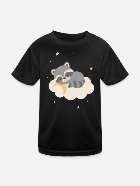Süßer Waschbär schläft auf Wolke   - Kinder Funktions-T-Shirt - Schwarz - Vorne