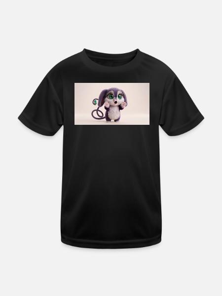 Surprised Cute Fluffy Creature with Big Green Eyes - Kids Functional T-Shirt - black - Front
