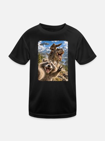 Lustiges Waschbär Selfie mit Bigfoot, T-Rex, UFO - Kinder Funktions-T-Shirt - Schwarz - Vorne