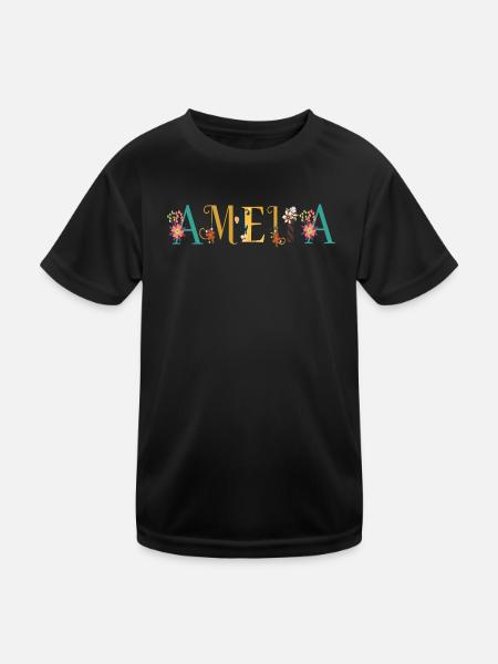 AMELIA Namenskunst mit gestickten Blumen - Kinder Funktions-T-Shirt - Schwarz - Vorne