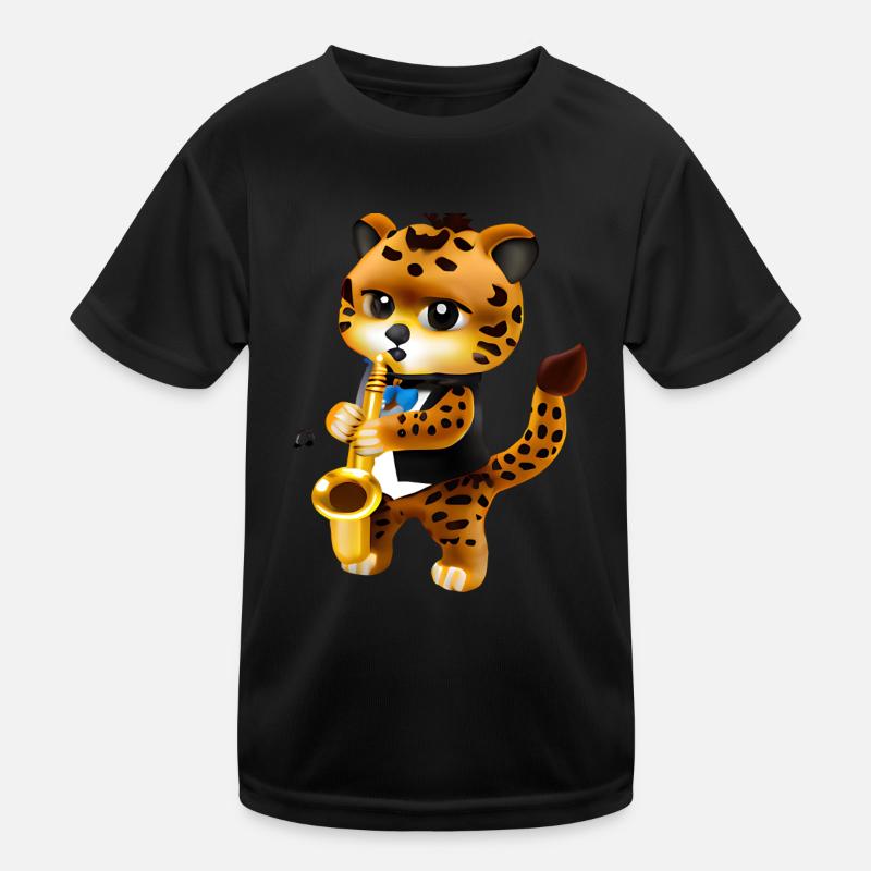 Leopard mit Saxophon - Kinder Funktions-T-Shirt - Schwarz
