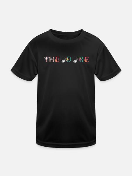 THEODORE Namenskunst mit gestickten Blumen - Kinder Funktions-T-Shirt - Schwarz - Vorne