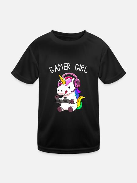 Gamer Girl Einhorn mit bunten Haaren - Kinder Funktions-T-Shirt - Schwarz - Vorne