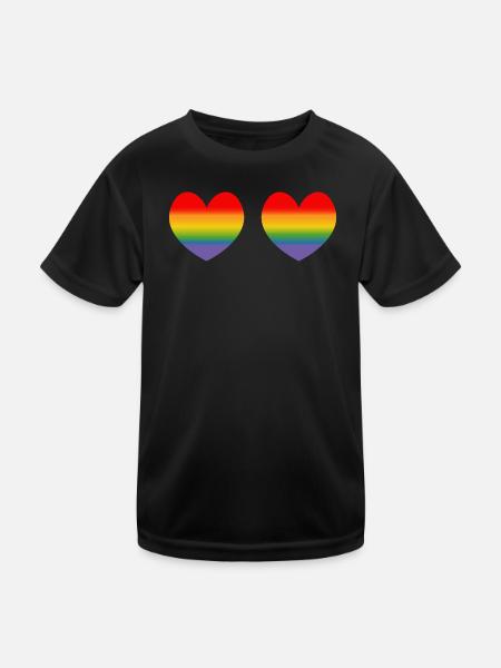 Zwei Regenbogenherzchen Verlauf - Kinder Funktions-T-Shirt - Schwarz - Vorne