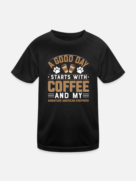 Miniature American Shepherd Coffee Drinking Caffeine - Kids Functional T-Shirt - black - Front