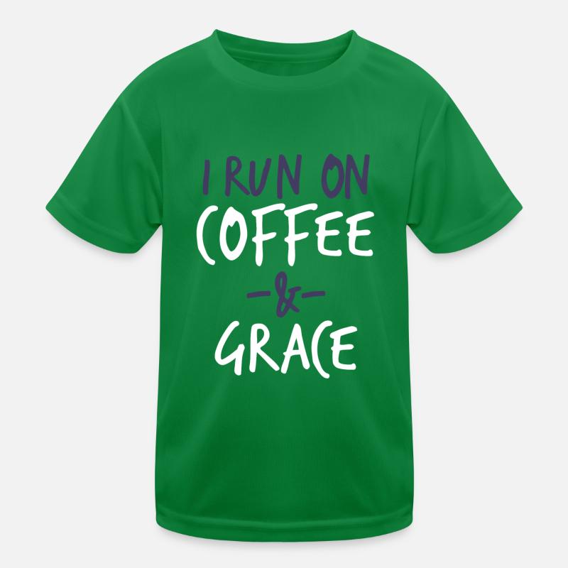 Ich laufe auf Kaffee und Gnade christlichen Bibelvers Kinder Funktions-T-Shirt