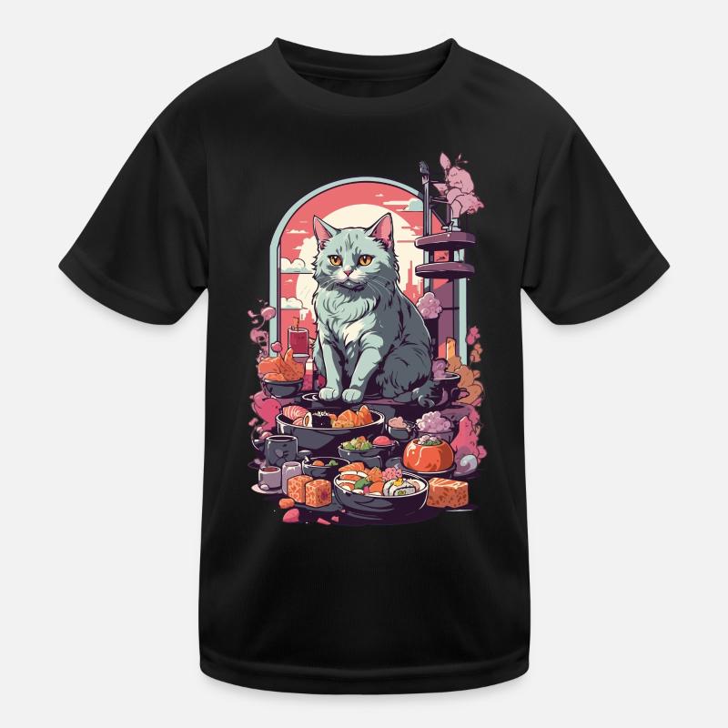 Retro Katze Sushi Sashimi Ukiyo-E Kunststil Kinder Funktions-T-Shirt