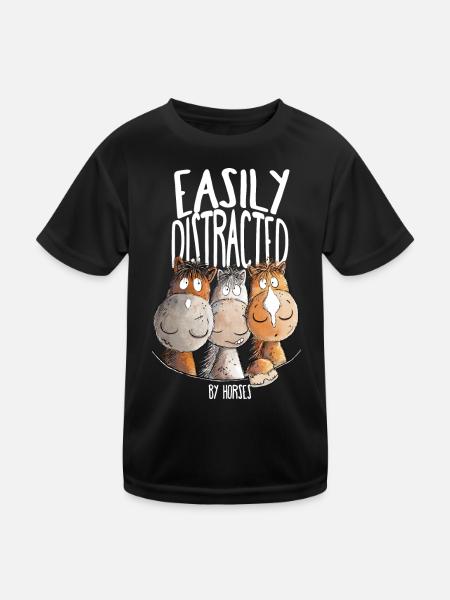 Pferde Spruch Mit Pferdemotiv Easily Distracted - Kinder Funktions-T-Shirt - Schwarz - Vorne