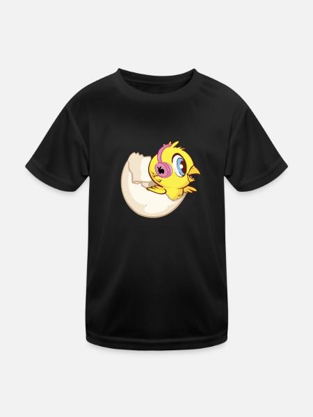 Chick in eggshell with headphones and bunny - Kids Functional T-Shirt - black - Front