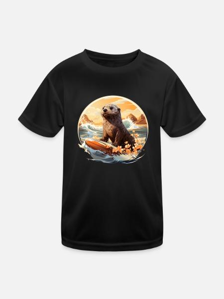 Loutre de mer sur planche de surf - T-shirt sport Enfant - noir - Devant