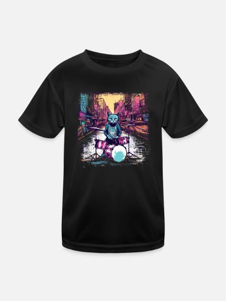 Cat Drummer Music Animal Drums Wild Cat - Kids Functional T-Shirt - black - Front