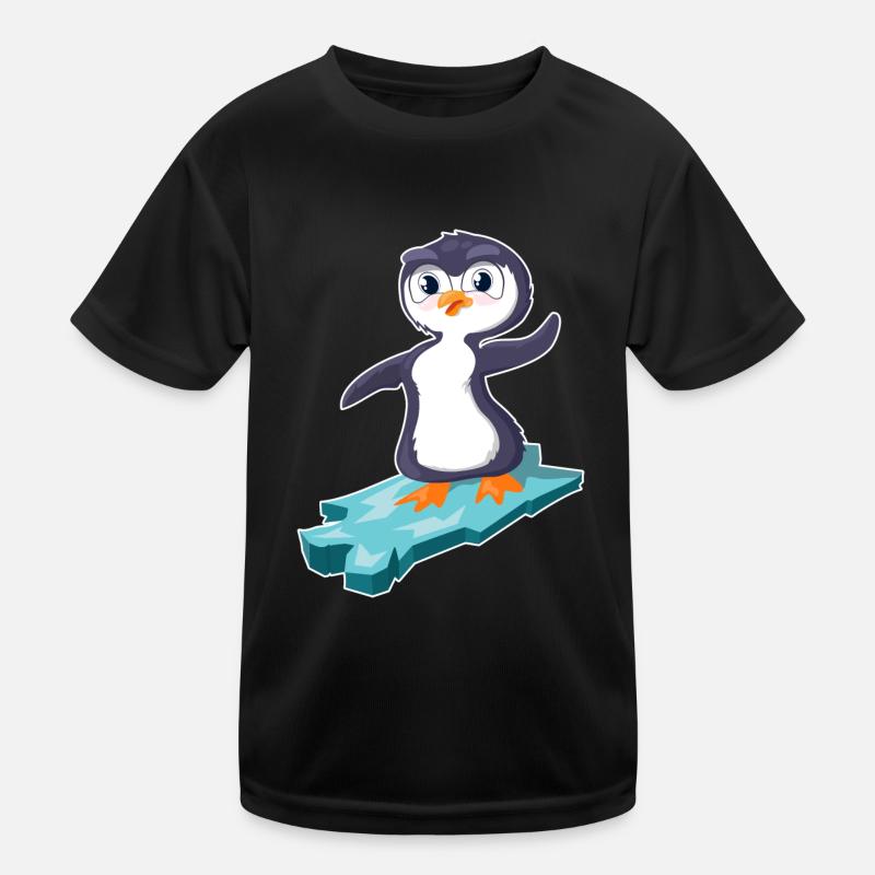 Pinguin surft auf einer Eisscholle Kinder Funktions-T-Shirt