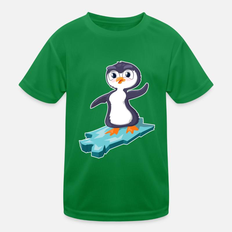 Pinguin surft auf einer Eisscholle Kinder Funktions-T-Shirt